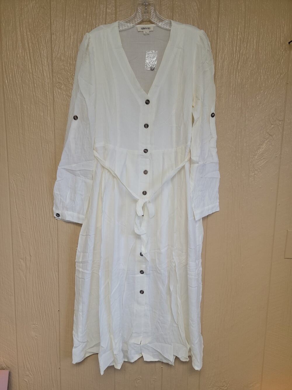 Fashion On Earth Long Sleeve Button Front Maxi Dress Oatmeal Lightweight